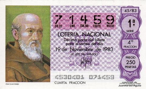 Décimo de Lotería Nacional de 1983 Sorteo 45 - FRAY JUAN PEREZ