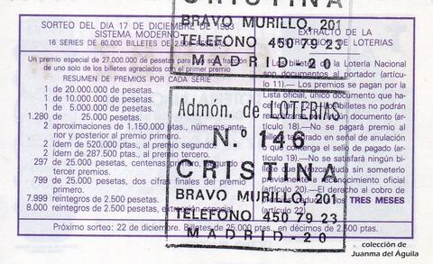 Reverso del décimo de Lotería Nacional de 1983 Sorteo 49