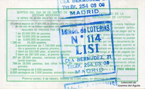 Reverso del décimo de Lotería Nacional de 1983 Sorteo 4