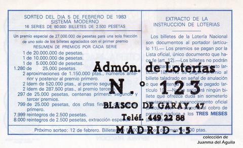 Reverso del décimo de Lotería Nacional de 1983 Sorteo 5