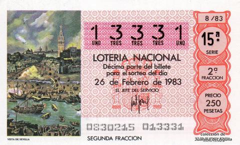 Décimo de Lotería Nacional de 1983 Sorteo 8 - VISTA DE SEVILLA