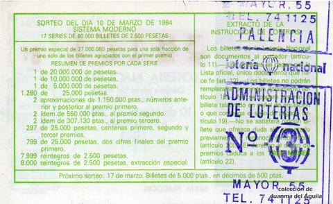 Reverso del décimo de Lotería Nacional de 1984 Sorteo 10