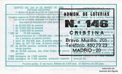 Reverso del décimo de Lotería Nacional de 1984 Sorteo 12