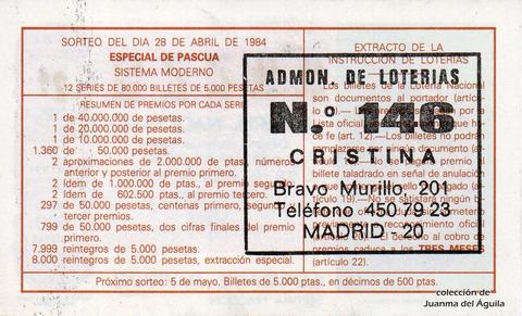 Reverso del décimo de Lotería Nacional de 1984 Sorteo 16