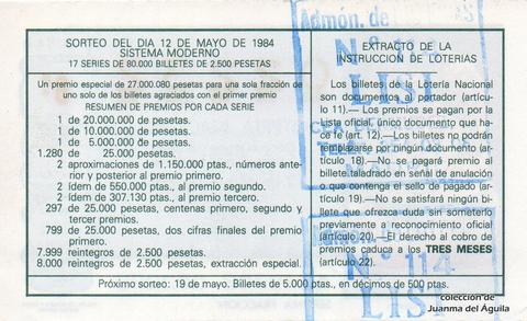 Reverso del décimo de Lotería Nacional de 1984 Sorteo 18