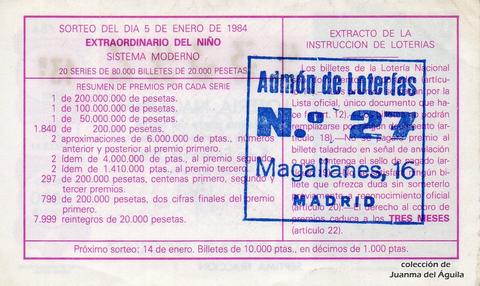 Reverso del décimo de Lotería Nacional de 1984 Sorteo 1