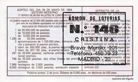 Reverso del décimo de Lotería Nacional de 1984 Sorteo 20
