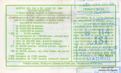 Reverso del décimo de Lotería Nacional de 1984 Sorteo 22
