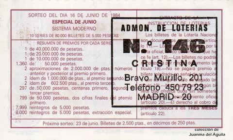 Reverso del décimo de Lotería Nacional de 1984 Sorteo 23