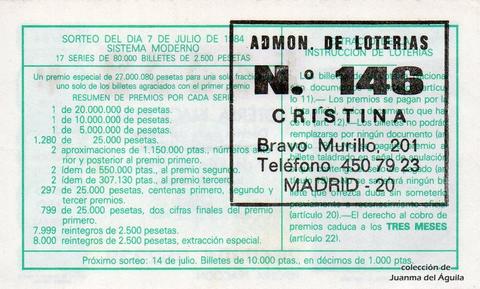 Reverso del décimo de Lotería Nacional de 1984 Sorteo 26