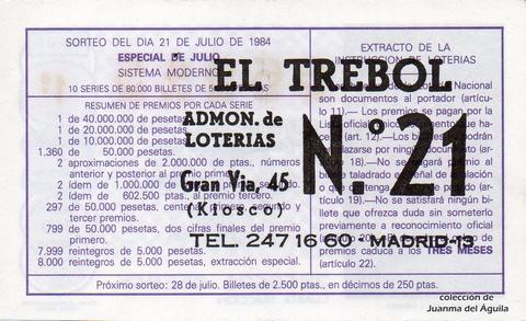 Reverso del décimo de Lotería Nacional de 1984 Sorteo 28