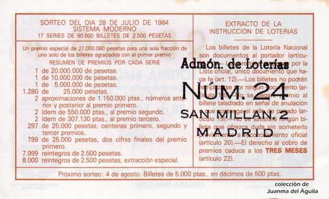 Reverso del décimo de Lotería Nacional de 1984 Sorteo 29
