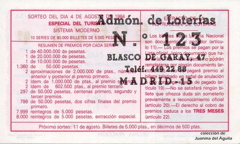 Reverso del décimo de Lotería Nacional de 1984 Sorteo 30