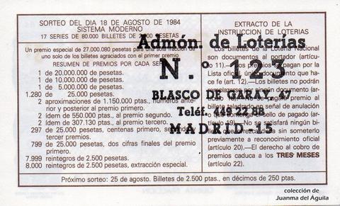 Reverso del décimo de Lotería Nacional de 1984 Sorteo 32