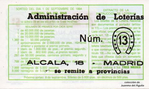 Reverso del décimo de Lotería Nacional de 1984 Sorteo 34