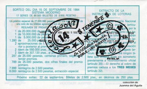 Reverso del décimo de Lotería Nacional de 1984 Sorteo 36