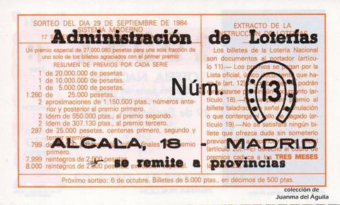 Reverso del décimo de Lotería Nacional de 1984 Sorteo 38