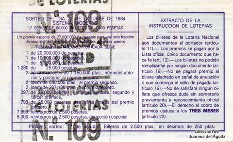 Reverso del décimo de Lotería Nacional de 1984 Sorteo 41