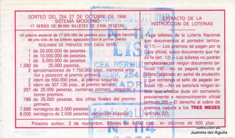 Reverso del décimo de Lotería Nacional de 1984 Sorteo 42