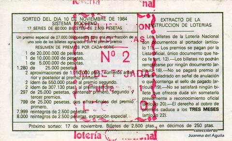 Reverso del décimo de Lotería Nacional de 1984 Sorteo 44