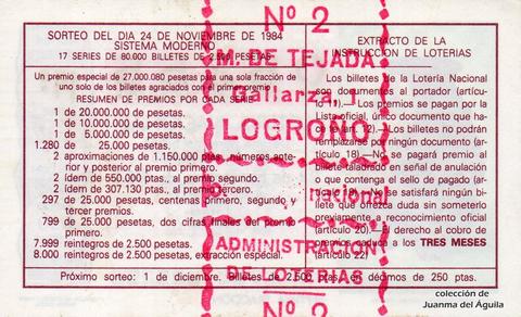 Reverso del décimo de Lotería Nacional de 1984 Sorteo 46