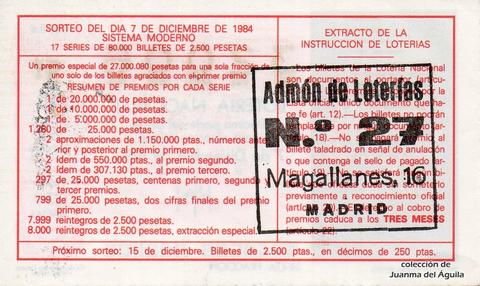 Reverso del décimo de Lotería Nacional de 1984 Sorteo 48