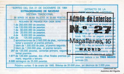 Reverso del décimo de Lotería Nacional de 1984 Sorteo 50