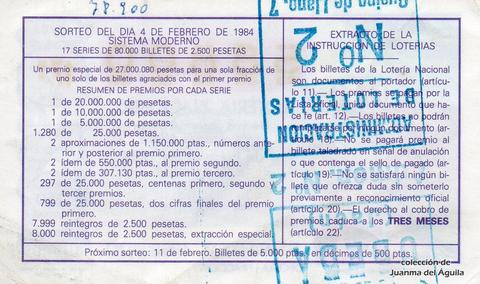Reverso del décimo de Lotería Nacional de 1984 Sorteo 5