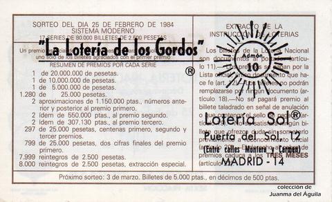 Reverso del décimo de Lotería Nacional de 1984 Sorteo 8