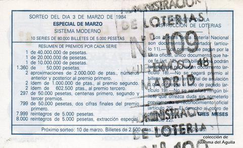 Reverso del décimo de Lotería Nacional de 1984 Sorteo 9