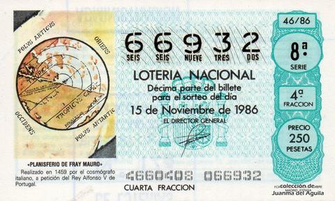 Décimo de Lotería Nacional de 1986 Sorteo 46 - «PLANISFERIO DE FRAY MAURO»