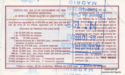 Reverso décimo de Lotería 1986 / 47