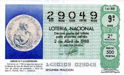 Décimo de Lotería Nacional de 1988 Sorteo 14 - «CARLOS III Y LA ILUSTRACION» - FABRICA DE LOZA DE ALCORA