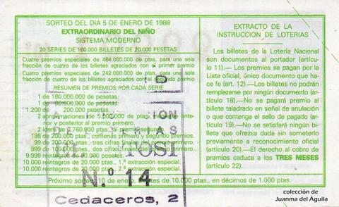 Reverso del décimo de Lotería Nacional de 1988 Sorteo 1