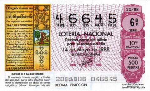 Décimo de Lotería Nacional de 1988 Sorteo 20 - «CARLOS III Y LA ILUSTRACION» - PROLIFERACION DE TEMAS CALIGRAFICOS (MUSEO MUNICIPAL. MADRID)