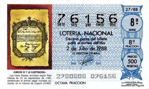 Décimo de Lotería Nacional de 1988 Sorteo 27 - «CARLOS III Y LA ILUSTRACION» - «VALES REALES» PRIMER PAPEL MONEDA EN LA HISTORIA DE ESPAÑA