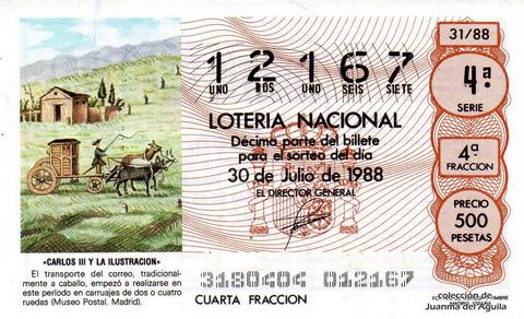 Décimo de Lotería Nacional de 1988 Sorteo 31 - «CARLOS III Y LA ILUSTRACION» - TRANSPORTE DE CORREO EN CARRUAJE (MUSEO POSTAL. MADRID)