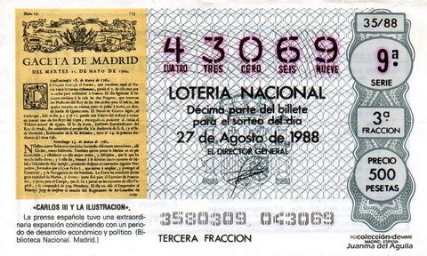 Décimo de Lotería Nacional de 1988 Sorteo 35 - «CARLOS III Y LA ILUSTRACION» - GRAN EXPANSION DE LA PRENSA ESPAÑOLA