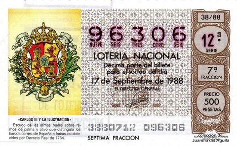 Décimo de Lotería Nacional de 1988 Sorteo 38 - «CARLOS III Y LA ILUSTRACION» - ESCUDO DE LAS ARMAS REALES QUE DISTINGUIA LOS BARCOS-CORREO DE ESPAÑA A INDIAS