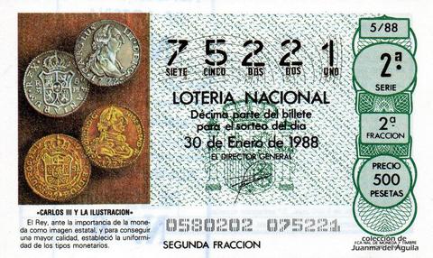 Décimo de Lotería Nacional de 1988 Sorteo 5 - «CARLOS III Y LA ILUSTRACION» - ESTABLECIMIENTO DE LA UNIFORMIDAD DE LOS TIPOS MONETARIOS