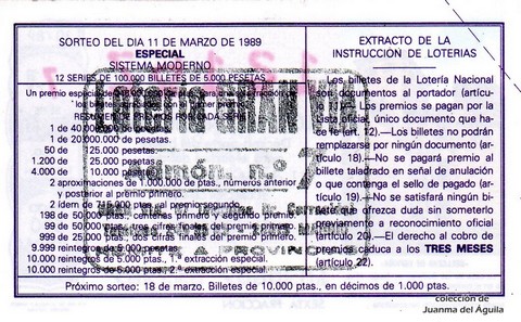 Reverso del décimo de Lotería Nacional de 1989 Sorteo 10