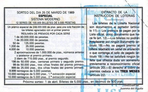 Reverso del décimo de Lotería Nacional de 1989 Sorteo 12