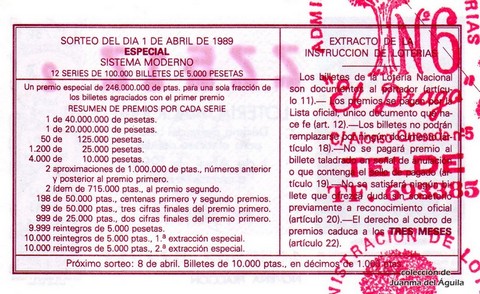 Reverso del décimo de Lotería Nacional de 1989 Sorteo 13