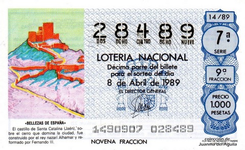 Décimo de Lotería Nacional de 1989 Sorteo 14 - «BELLEZAS DE ESPAÑA» - CASTILLO DE SANTA CATALINA (JAEN)