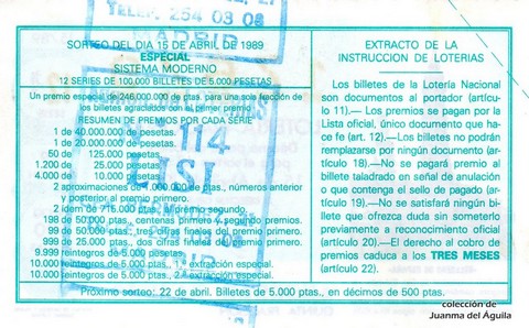 Reverso del décimo de Lotería Nacional de 1989 Sorteo 15