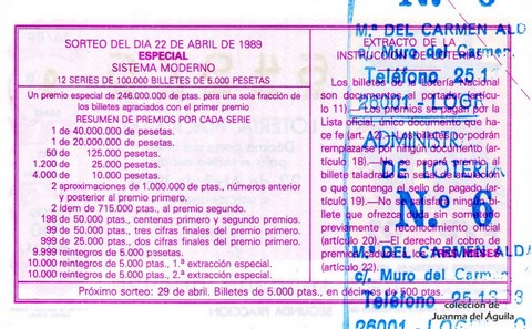 Reverso del décimo de Lotería Nacional de 1989 Sorteo 16