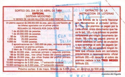 Reverso del décimo de Lotería Nacional de 1989 Sorteo 17