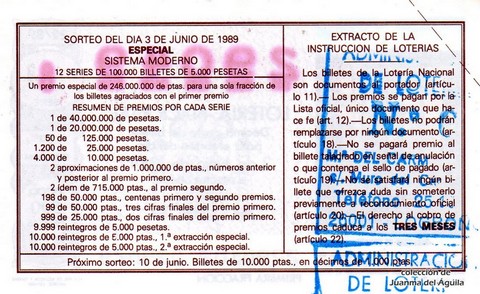 Reverso del décimo de Lotería Nacional de 1989 Sorteo 22