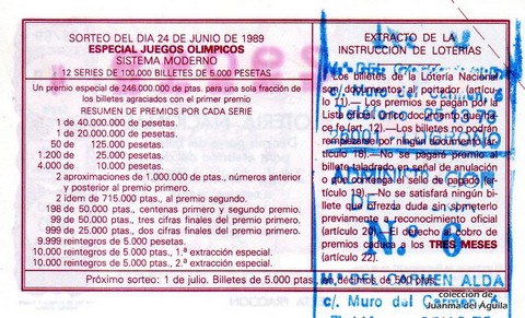 Reverso del décimo de Lotería Nacional de 1989 Sorteo 25