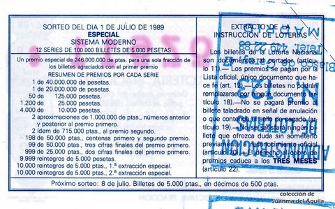 Reverso del décimo de Lotería Nacional de 1989 Sorteo 26